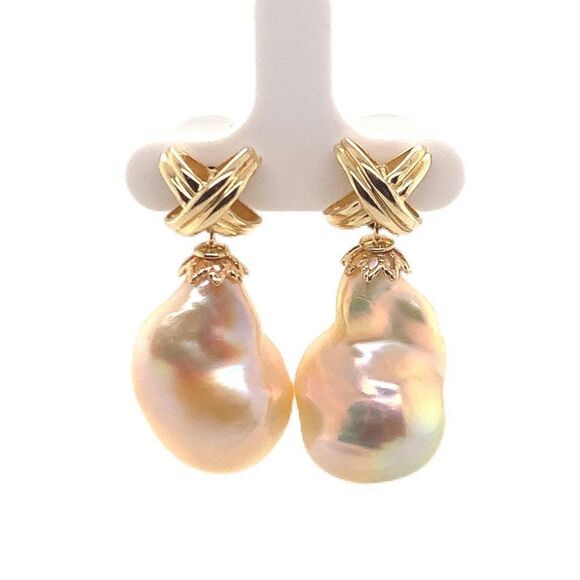 Freshwater Pearl Earrings 14k Yellow Gold 25 mm Certified $1,290 920920 - Picture 1 of 8